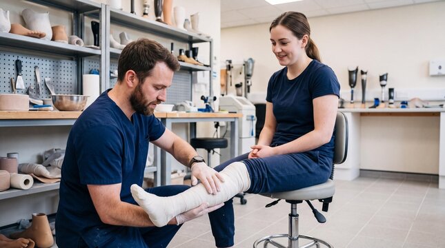Prosthetist applying plaster cast to female patient's leg in workshop