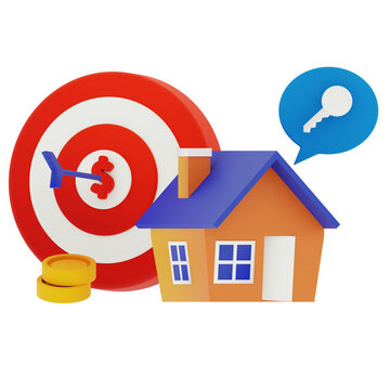 3D House Target Illustration with Goal, Bullseye and Property Investment