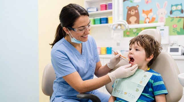 Pediatric dentist applying fluoride varnish to a brave young boy at clinic