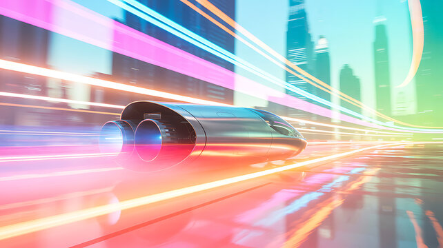 Futuristic hyperloop train speeds through neon lit city at night motion blur abstract background futuristic concept transport advanced technology speed energy powerful engine glowing lights.