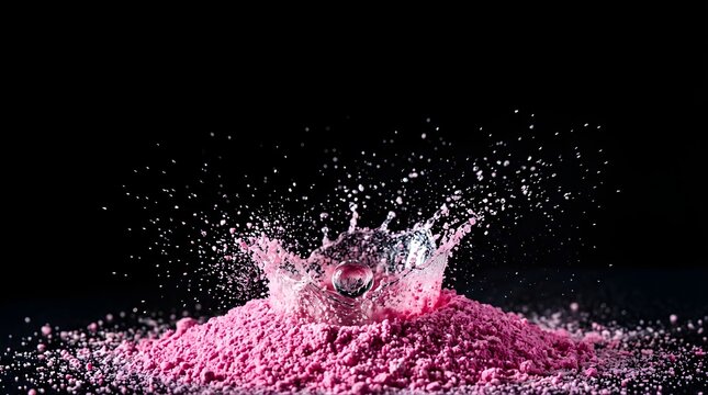 Pink powder explosion with water splash isolated on black background