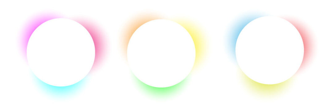 Minimalist set of three blank white circular paper frames isolated on a clean white backdrop featuring colorful glowing gradient drop shadows.
