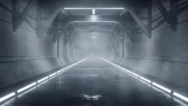 Firefly glowing in futuristic tunnel with neon lights and swirling mist immersive sci fi journey