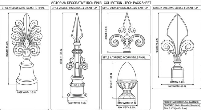 Victorian decorative iron finial collection technical specification sheet vector diagram