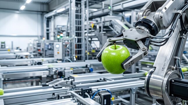 Robotic arm holding a fresh green apple in an automated food factory