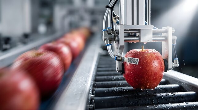 Robotic arm picks red apple with barcode on automated food factory conveyor