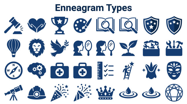 Enneagram Personality Types Icons Set Representing Diverse Traits and Concepts