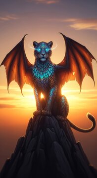 A majestic feline creature with iridescent scales, leathery wings, and glowing eyes sits atop a jagged stone peak during a golden sunset, magical, predator, feline