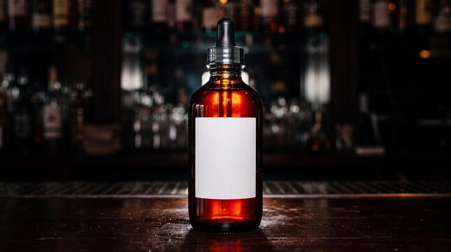 Amber glass bitters dropper bottle with blank label on a dark bar counter