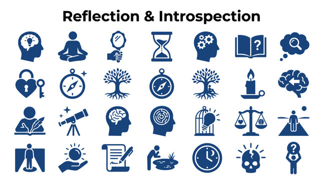 Collection of Icons representing reflection introspection and self discovery concepts like mindfulness meditation knowledge and wisdom