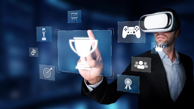 A man in a suit engages with virtual reality technology, interacting with a trophy icon in a digitally immersive environment, illustrating gamification and user engagement. Raster