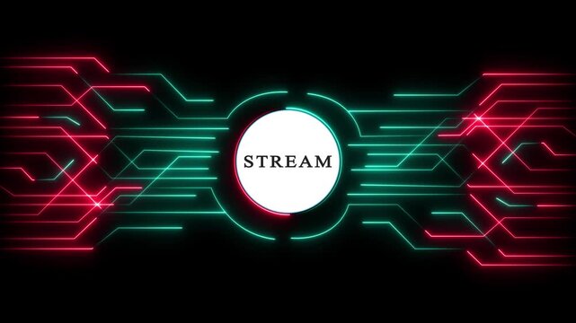 Live streaming broadcast button on futuristic neon interface. Digital media play icon for online video content and social platforms.