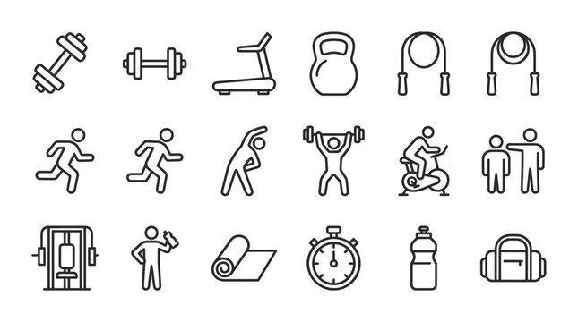 Fitness gym equipment and athletic activity line icons.