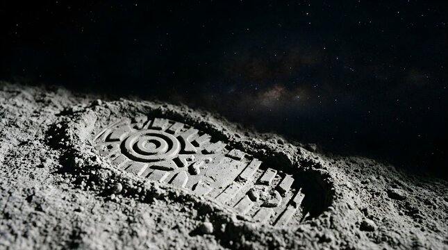 Single boot footprint on the dusty lunar surface under starry galaxy sky