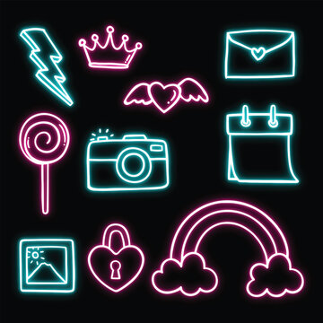 Cute trendy neon pop culture vector icons set with glowing pink and cyan line art on black background