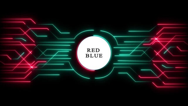 Red vs Blue neon duel in futuristic cyber tunnel. Vibrant glowing tech battle with contrasting colors and digital light trails.