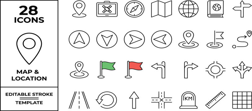 Map and location icon set. Navigation, GPS, direction, travel, route, destination, road, navigator icons. Thin line editable stroke vector illustrations.