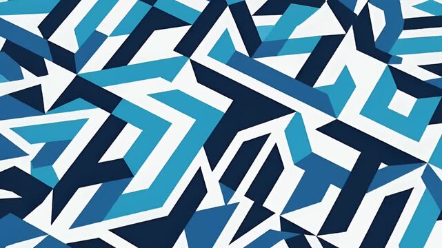 Abstract geometric pattern motion graphic with blue and dark navy shapes on a white background, dynamic movement