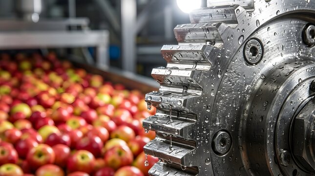 Wet metal gear processing fresh apples on an industrial production line