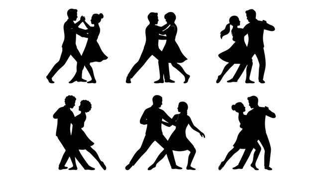 Couple dancing ballroom steps in elegant black silhouette style isolated on transparent background, Vector