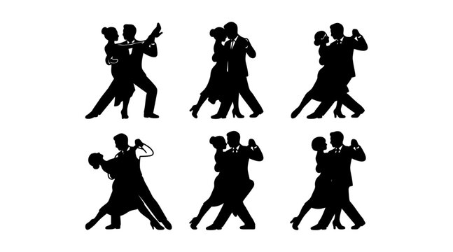 Six silhouettes of couples dancing ballroom style in pairs isolated on transparent background, Vector