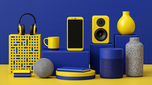Modern minimalist still life composition of yellow and blue home decor objects and electronic accessories on matching colored background