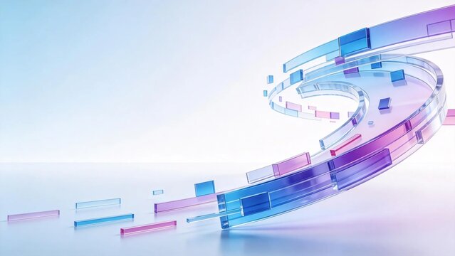 Futuristic 3d abstract composition with twisted transparent glass spiral made of blue and purple rectangular blocks on clean light background