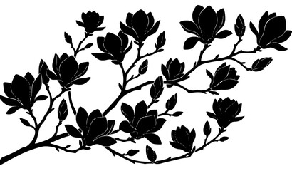 Minimalist black magnolia flower branch silhouette corner frame with blossoms and buds © Khadijatunanha