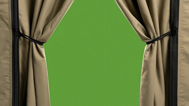 Two sides of beige zipper jacket tied open revealing empty solid green background for creative content or presentation concept
