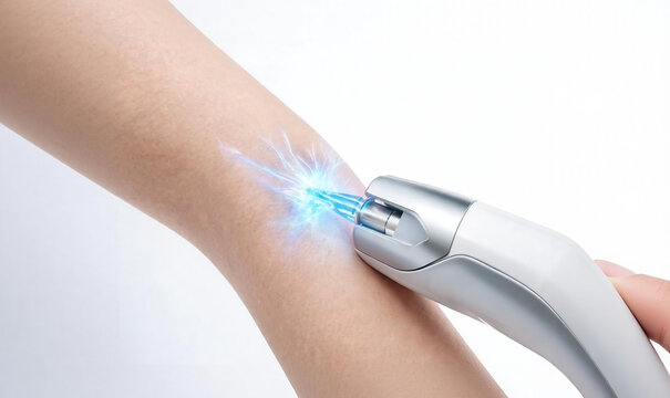 Laser hair removal or skin rejuvenation treatment on arm with high tech cosmetic device emitting blue light