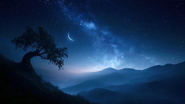 Stunning night landscape with lonely leaning tree on hillside bright milky way galaxy crescent moon and layered misty blue mountains under dark sky