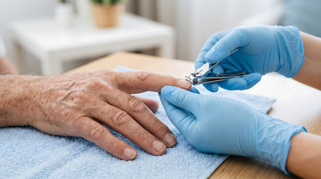 Caregiver wearing blue gloves carefully trimming fingernails of senior elderly person using nail clippers providing hygiene assistance and compassionate medical care at home