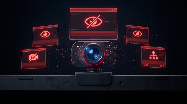 Laptop webcam under cyber attack with red warning popups and eye icons representing webcam hacking privacy breach unauthorized surveillance and digital security risk concept