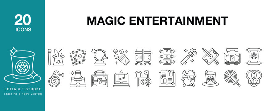 Magic Entertainment icon set. Includes magic, entertainment, show, performance, illusion and More. Editable Stroke Icon Collection.