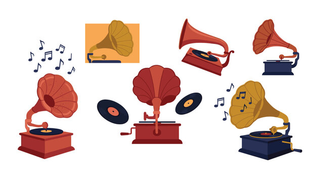 Vintage gramophone and vinyl record flat vector illustration set with retro music elements and flying musical notes