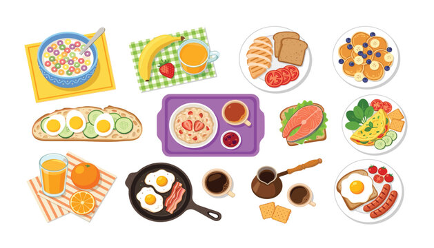 PrintHealthy breakfast and brunch food elements flat vector illustration set with pancakes eggs bacon coffee and fresh fruits
