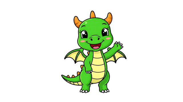 Cute green dragon waving hello, cartoon character with wings and horns, playful fantasy creature isolated on white