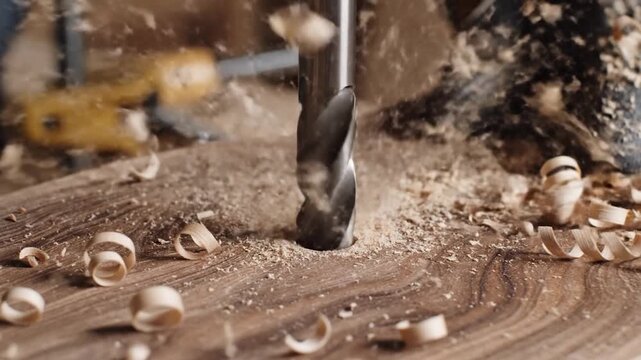 A sharp metal drill bit bores into a piece of walnut wood