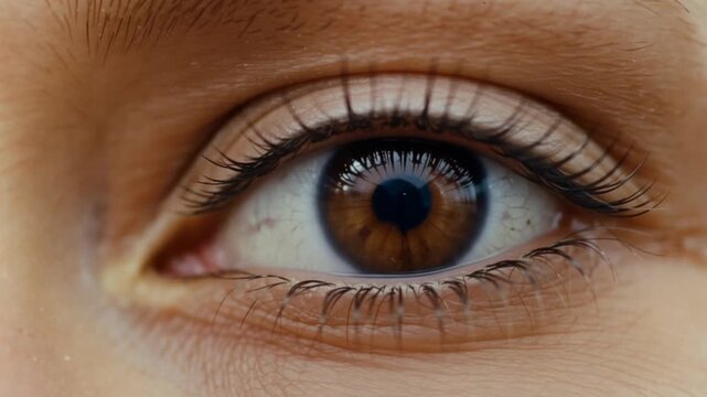 Close-up of a human eye with urban lights reflecting in the iris indoors