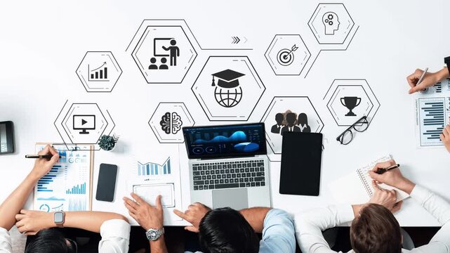 Collaborative Workspace with Digital Learning Icons and Data Analysis Representations, Showcasing Modern Education and Business Strategies for Online Training Gluon.