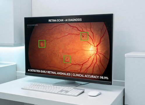 AI medical software on computer screen analyzing retina scan to detect early retinal anomalies and diseases in clinic