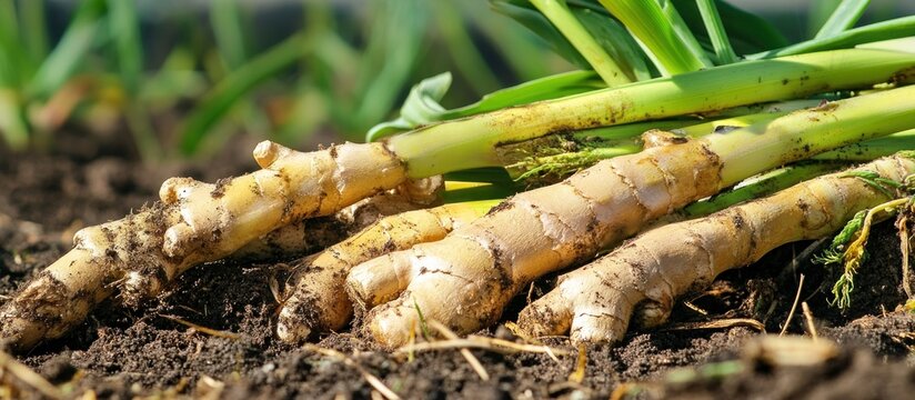 Close-up of Freshly Harvested Organic Ginger Roots with Green Stems Lying on Rich Garden Soil