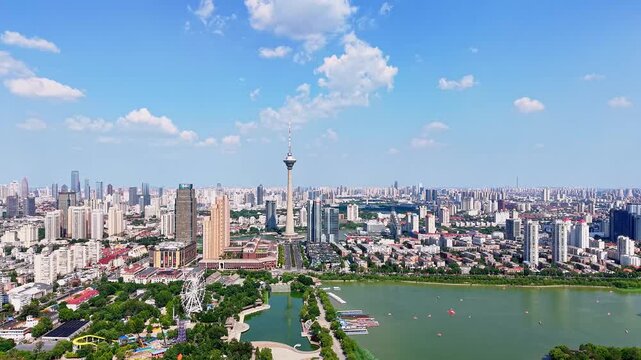 Aerial view of Tianjin Water Park and the Tianjin Radio and Television Tower in Tianjin, China