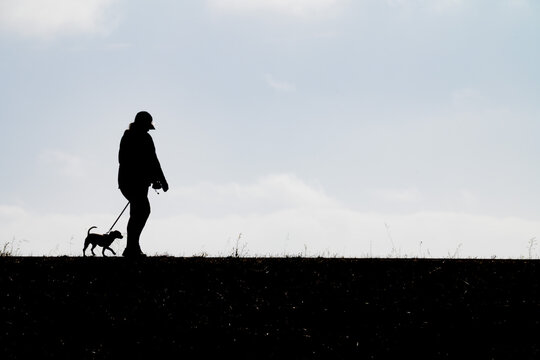 Full profile silhouette of a person walking a small dog on a leash across an elevated grassy horizon symbolizing pet care companionship active outdoor lifestyle daily exercise and bond with domestic