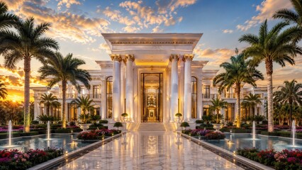 Obraz premium Opulent Mansion: A grand, neoclassical mansion with towering columns and lush palm trees lines a reflective pathway with fountains, set against a dramatic sunset sky, embodying luxury and prestige.