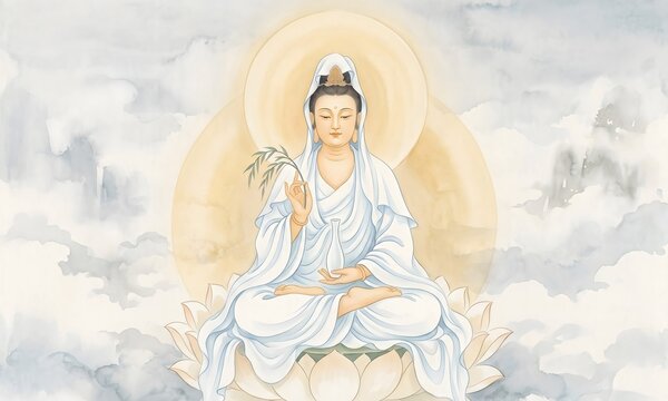 Boneless Chinese figure painting of Guanyin bodhisattva seated on lotus throne, no outlines no contour lines, flowing white robes rendered as pure layered wash of titanium white and pale azure.