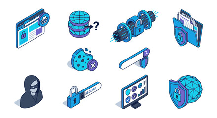 Collection of isometric icons representing cybersecurity concepts and data protection measures. © gacor