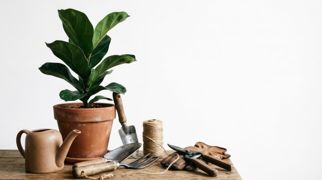 Potted fiddle leaf fig with gardening tools on wooden table