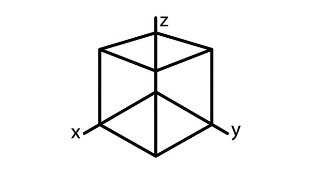 Geometric 3D cube wireframe with XYZ coordinate axes.