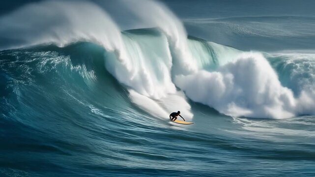 Surfing action on powerful ocean waves with a determined surfer riding the swell and carving through water